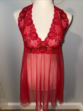 Y2K Victoria's Secret Red Lace Halter Babydoll Chemise & Thong